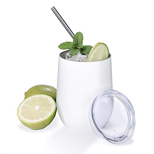 2 Pack 12 oz Wine Tumbler with Lids, Double Wall Vacuum Insulated Stainless Steel Stemless Wine Glass, Travel Coffee Mug Cup for Wine, Drinks, Champagne, Cocktails (Include Straws & Brush) (White)