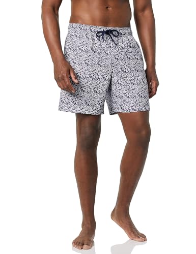 Amazon Essentials Herren 18cm Badehose mit Netzfutter, Taschen und Kordelzugverschluss, Marineblau Weiß Streublumen, XS