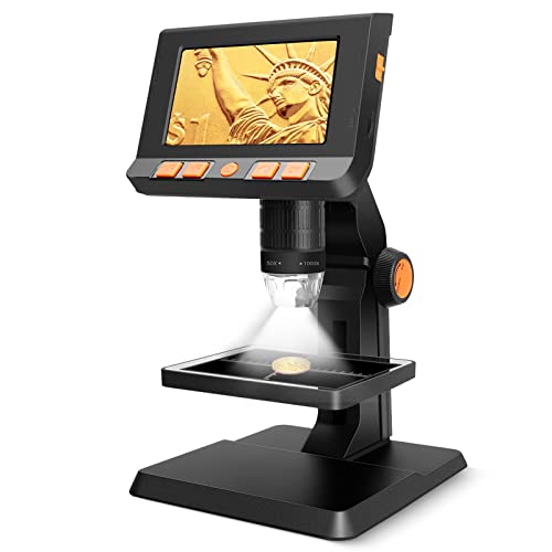 Digital Coin Microscope 4.3 inch Screen Handheld Microscope 1080p LCD Digital Microscope Video Camera 1000X Coin Magnifier with 8 Adjustable LED Lights for PCB Soldering for Adults/Kids Outside Use.