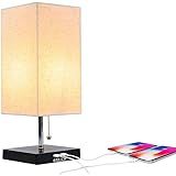 Grace Modern Desk Lamp, USB Table Lamp, Bedside Table & Desk Lamp with Black Wooden Base & Soft Ambient Lighting, Useful 2 USB Charging Ports Perfect for Table in Bedroom Living Room or Office