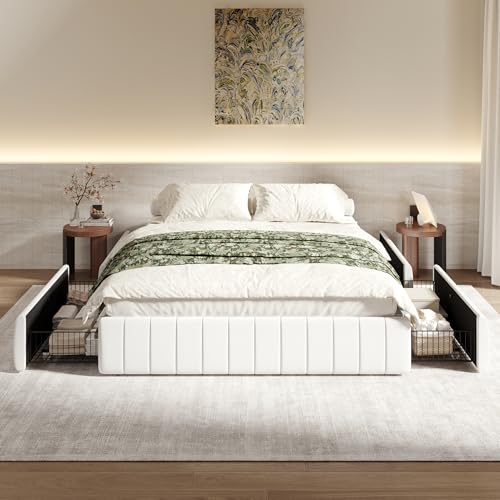 SHA CERLIN Full Size Velvet Upholstered Platform Bed Frame with 4 Storage Drawe…