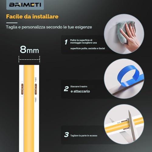 BRIMETI COB LED Strip 24 V 10 m LED Light Inner Tube Self-Adhesive 4000 K Natural White 320LEDs/M Strip Tape Width 8 mm for Kitchen, Living Room, Bar Parties (No Power Supply)