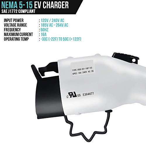 Lectron 120V/240V 16 Amp Level 2 EV Charger with 21ft Extension Cord J1772 Cable & Nema 5-15 Plug