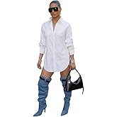 CHICME Women’s Button Down Shirt Collared V Neck Long Sleeve Slit Side Long Blouse Top with Curved Hem
