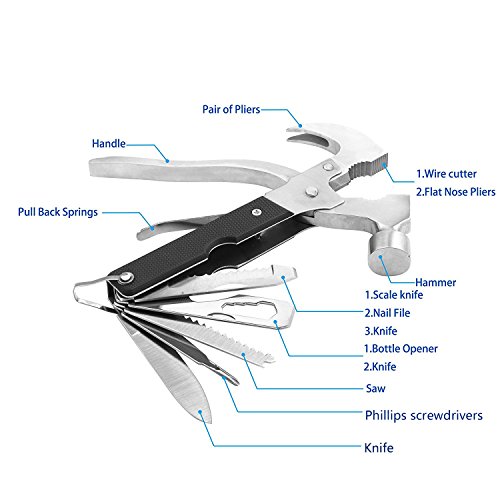 Multifunction Hammer Tool 14 in 1 Portable Stainless Steel Tool,Hammer,Bottle Opener,Knife for Camping Hunting,Fishing or Emergency Preparation(Black) - Thumbnail 2