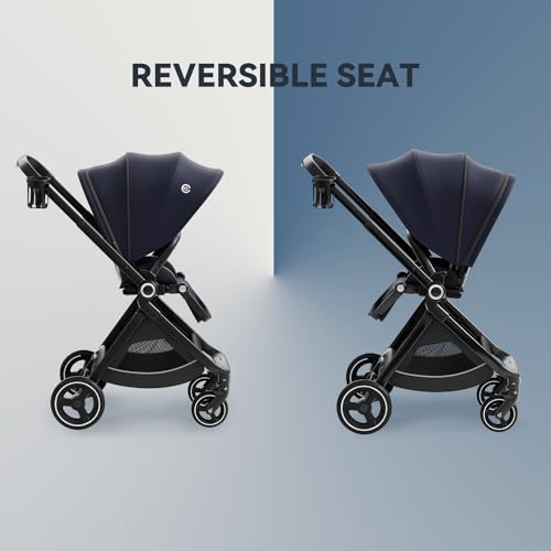 Reversible Baby Stroller, ELITTLE EMU Full-Size Toddler Stroller, Full Recline Cockpit Compact stroller, 0-36 Months Newborn Infant Stroller, All-Terrain stroller for City, Outdoor, Travel (Dark Blue)