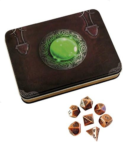 Skull Splitter Dice - Wizard's Grimoire with Antique Brass Color with Black Numbers Metal Dice - Solid Metal Polyhedral Role Playing Game (RPG) Dice Set (7 Die in Pack) with Dice Case