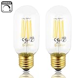 Bonlux 6W Dimmable LED Vintage Edison T14 Tubular Filament Bulb 120V Warm White 2700K Medium E26 Base Clear Glass LED T45 Decorative Light 60W Incandescent Replacement (Pack of 2)