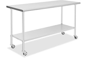 STEELBUS 24'' x 60'' Stainless Steel Table,NSF Commercial Heavy Duty Kitchen Prep & Work Table on 4 Caster Wheels and with Adjustable Under Shelf,Metal Food Workstation for Restaurant, Home and Hotel…