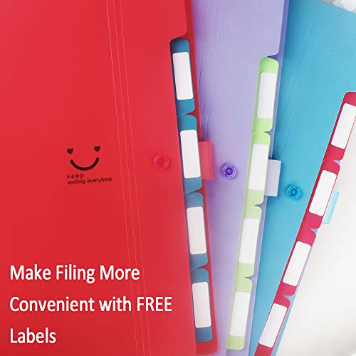 6 Pack Expanding File Folder 5 Pocket with 168pcs File Folder Labels, Plastic Organizer A4 Letter Size Expandable File Folder for School