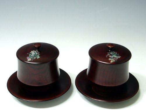 2 Mother of Pearl Inlay Natural Lacquered Wood Grain Grape Design Personal Tea Coffee Espresso Cup Mug Teacup Lid Saucer Gift Set