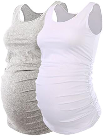 Liu & Qu Maternity Basic Tank Top Mama Clothes Neck Sleeveless Tops Women's Solid Side Ruching Vest (S, GreyWhite)
