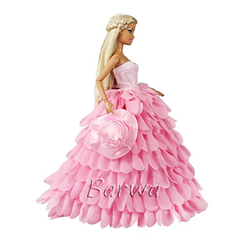 Barwa White Wedding Dress with Veil and Pink Princess Evening Party Clothes Wears Gown Dress Outfit with Hat for Barbie Doll