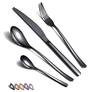 Juego de cubiertos negros de 24 piezas,juego de cubiertos negros de acero inoxidable,juego de cubiertos negros chapados en titanio,juegos de utensilios negros Juego de servicio para 6(negro brillante)