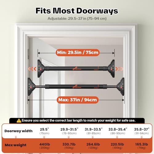 Sportneer Pull Up Bar: Strength Training Chin up Bar without Screws - Adjustable 75-94cm Width Locking Mechanism Pull-up Bar for Doorway - Max Load 200kg for Home Gym Upper Body Workout Non-slip