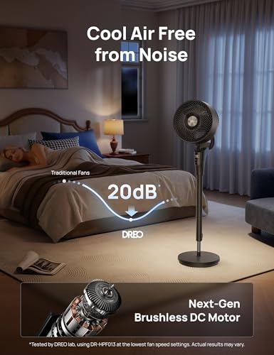 DREO Fan for Bedroom, 80° Oscillating Standing Fan, 25dB Quiet, 80ft Pedestal Fans for Home Office, 90° Manual Vertical, 3 Speeds, Remote, 34-41" Adjustable Height, Air Circulator