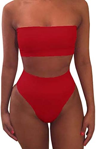 Misassy Womens Sexy High Waisted Bikini 2 Piece Bandeau Swimsuit Top Cheeky Bottoms Set,Red,X-Large
