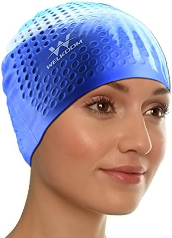 WELKOOM Swim Cap for Women, Silicone Resilient Waterproof Solid Swimming Cap, Anti-Slip Interior, Suitable for Long or Short Hair Adult, Female, Male- Comfortable Fit (Blue)