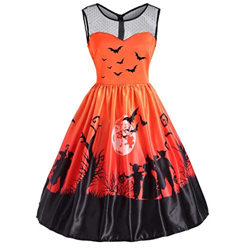 DEATU Ladies Halloween Dresses Big Promotion! Teen Girls Womens Vintage O-Neck Print Chic Sleeveless Halloween Party Swing Dress(Orange,XXL)