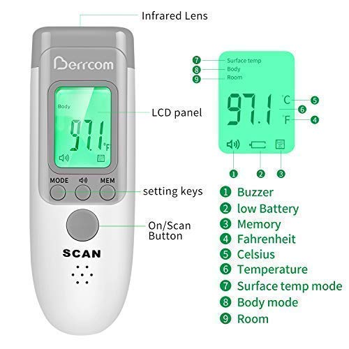 Berrcom Digital Non Contact Infrared Forehead Thermometer - 3-Modes Body/Surface/Room Temperature Reading Device â€“ Baby Thermometer - LCD Display Infrared Thermometer - CE and FDA Approved
