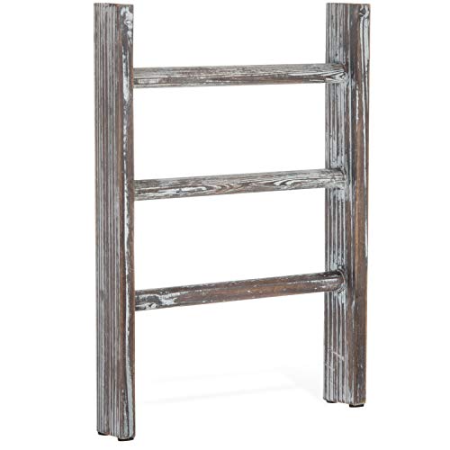 MyGift 16 Inch Rustic Torched Wood Towel Ladder for Kitchen Countertop