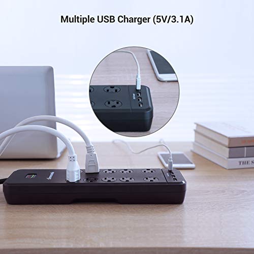 DEWENWILS 10Outlet Surge Protector Power Strip with 4 USB Ports, 15 FT