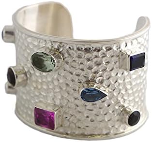 Pure Silver Cuff Bracelet With Topaz, Citrine, Peridot, Aquamarine, Quartz, Amethyst