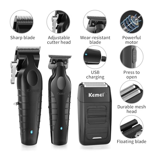 KEMEI Professional Men's Hair Clipper Cordless Hair Clipper with T Blade, Foil Razor, Electric Shaving and Cutting Kit with 11 Guide Combs
