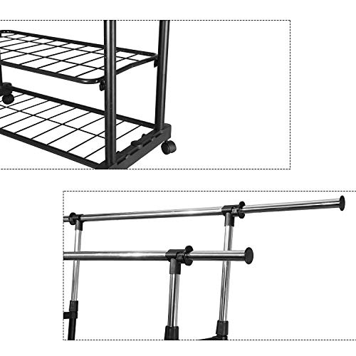 PowCube Adjustable Garment Rolling Double Rods Collapsible Clothing Rack with 2 Shelves, Large, Black