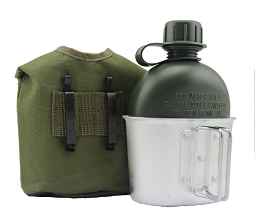 BeGrit Outdoor Kettle Canteen Aluminum Cup Kit and Cover with Stainless Steel Foldable Spoon Fork for Hiking Camping, 1 Quart