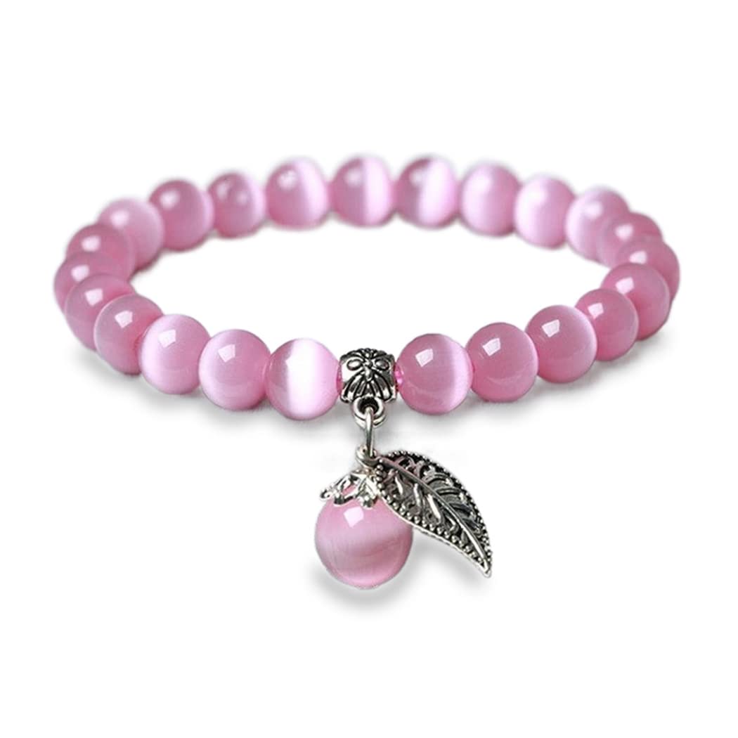 Branets Cats Eye Bracelets for Women, 8mm Natural Gemstone Bracelet, Crystal Pink Charm Bracelet Jewelry