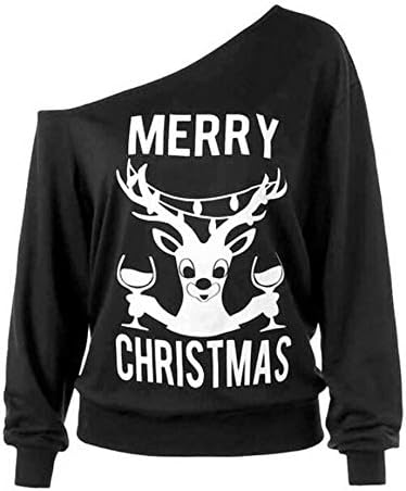 Merry Christmas Women Sweatshirt Tops Sexy Off Shoulder Long Sleeve Xmas Deer Print Fashion Cute Pullover Blouse