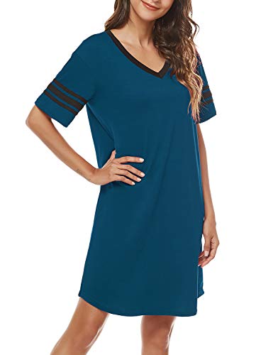 Womens Nightgown V Neck Night Shirts Casual Loose Sleep Dress Loungewear Blue M