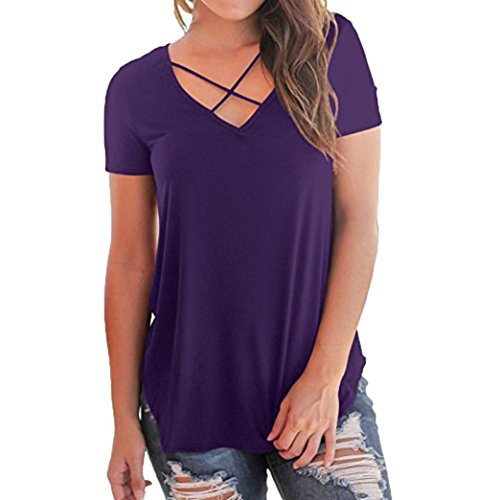 Women's Plus Size Shirt Tops Casual Short Sleeved Solid Criss Cross Front V-Neck T-Shirt Tops (US14=Tag2XL, Purple)