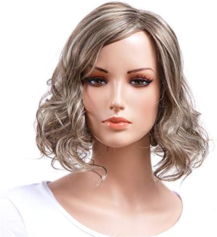 Short Wavy Bob Wigs For White Women Ombre Piano Gray with White Color Synthetic Cosplay Wig(piano gray with white)
