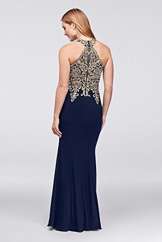 metallic lace and jersey round neck halter gown