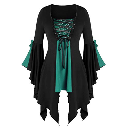 Aniywn Plus Size Womens Halloween Tops, Flare Long Sleeve Sequined Lace Up Gothic Costume Tunic Tee Shirt Green