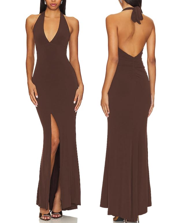 Photo 1 of Aigeman Women's Sexy Deep V-Neck Halter Evening Gown High Split Backless Maxi Dress Bodycon Formal Dress 408(Large,Coffee)