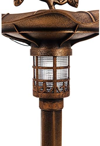 Evergreen backyard decor featuring a unique house-shaped bird feeder with a bird perched on top.