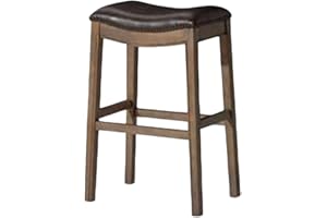 Maven Lane Adrien Backless Bar Stool – 31 Inch Saddle Seat with Footrest – Brown Solid Wood Frame & Beige Faux Leather Upholstery – Ideal for Bars, Pub Tables & Tall Kitchen Counters