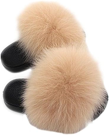 qmfur Girls Flip Flop Slide Slipper with Fox Fur Upper