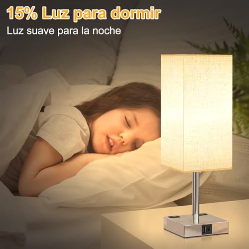 Sunsign Lámparas de Mesa táctil para 2 piezas, 3 Niveles de Brillo, lampara de noche con 2 Puertos USB (A+C) y 2 Salidas de CA, Lámpara de Lectura para habitación (bombilla incluida, blanco)