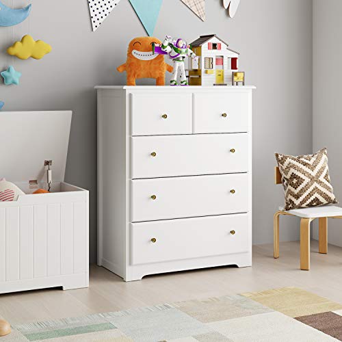 HOMECHO 5 Drawer Chest, Tall Dresser Chest, White Chest of Drawers with