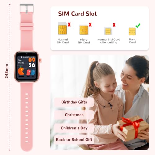 AIMIUVEI 4G Children's Smart Watch with Calls, Video Calls, Voice Chat, WiFi, GPS, SOS, SMS, Waterproof IP68, School Mode and Pedometer, Children's Smartwatch with HD Screen of 1.83 inches, Pink