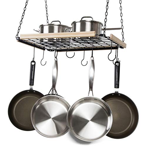 Soduku Pot Pan Rack with Shelf Grid, Ceiling Mounted Hanging Multi-Purpose Wood & Metal Cookware Hanger Organizer Kitchen Storage with 10 Hooks