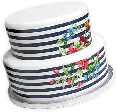 Orange Trading Dartmouth LTD A4 Edible Decor Icing Sheet Navy White Stripe Floral Flower Border Edible Cake Topper Decoration - Great for larger cakes