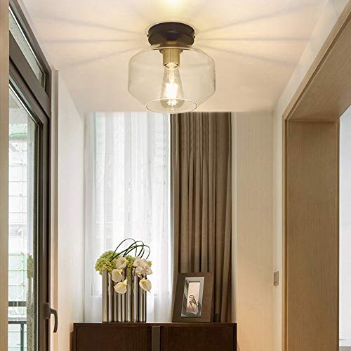 DLLT Industrial Semi Flush Mount Ceiling Light, Clear Glass Shade Ceiling Light Fixture, Farmhouse Ceiling Lighting for Hallway, Entryway, Passway, Bedroom, Corridor, Foyer (Bulb Not Included)