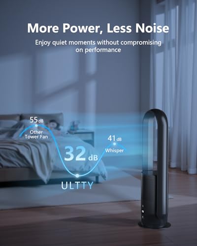 U ULTTY Bladeless Tower Fan and Air Purifier in one, Quiet Tower Fan with Remote, Touch, 9 Speeds, 8H Timer, HEPA Filter 99.97%, 90° Oscillation Fans, Floor Fans Powerful for Home Office Room, Black