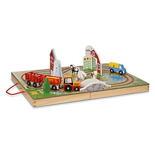 Melissa & Doug 17Piece Wooden Take-Along Tabletop Farm, 4 Farm Vehicles, Playpiece, Barn, Grain House