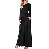 Idingding Long Maxi Dress, Womens Long Sleeve Plain Pockets Pleated Tunic Loose Swing Casual Dress